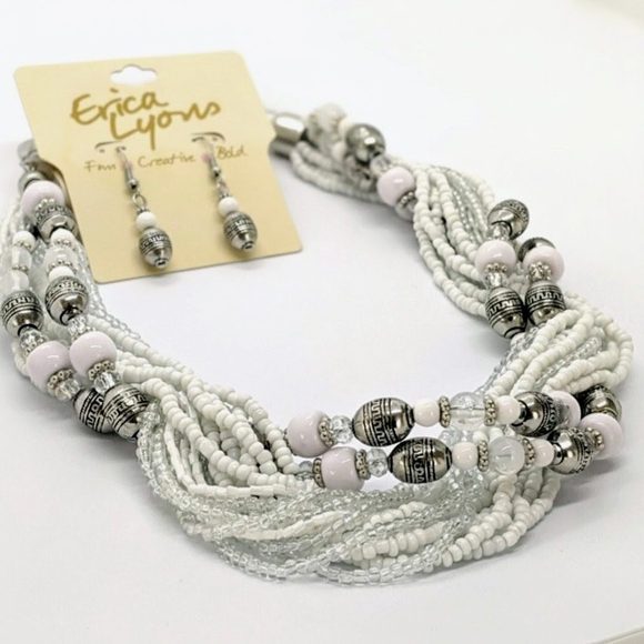 Vintage Erica Lyons White & Silver Statement Necklace & Earrings Set - Picture 1 of 5